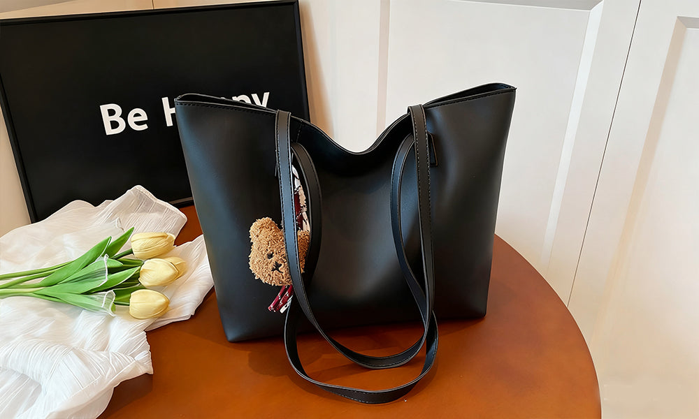 PU Shoulder Tote Bag with Teddy Pendant