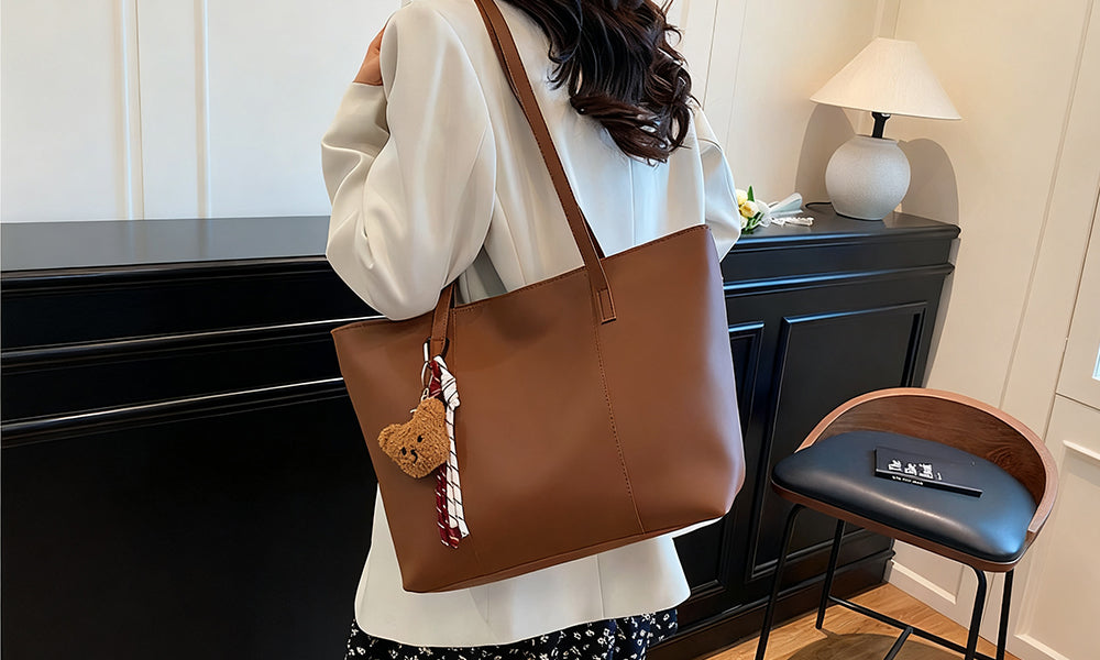 PU Shoulder Tote Bag with Teddy Pendant