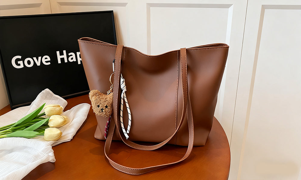 PU Shoulder Tote Bag with Teddy Pendant