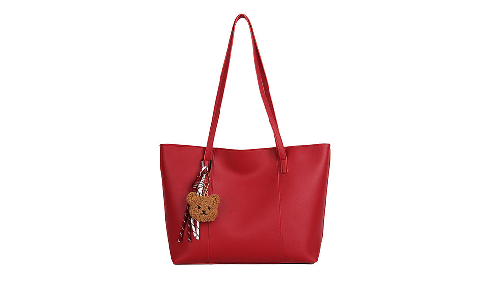 PU Shoulder Tote Bag with Teddy Pendant