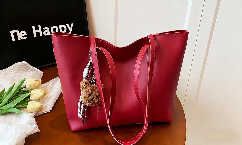 PU Shoulder Tote Bag with Teddy Pendant