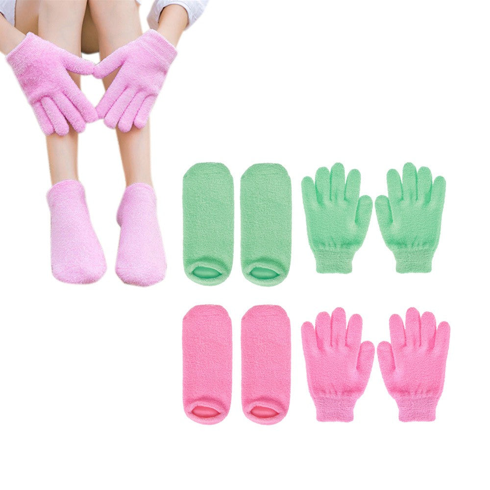 2 X Moisturizing Gloves and Socks Set with Gel Lining - Pink+Green