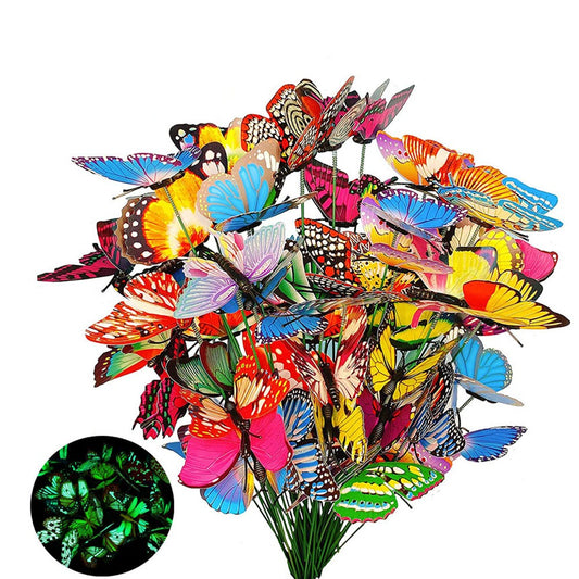 100Pcs Butterfly Garden Stakes Decor PVC Glow in Dark Colorful Butterfly Stakes Outdoor Yard Lawn
