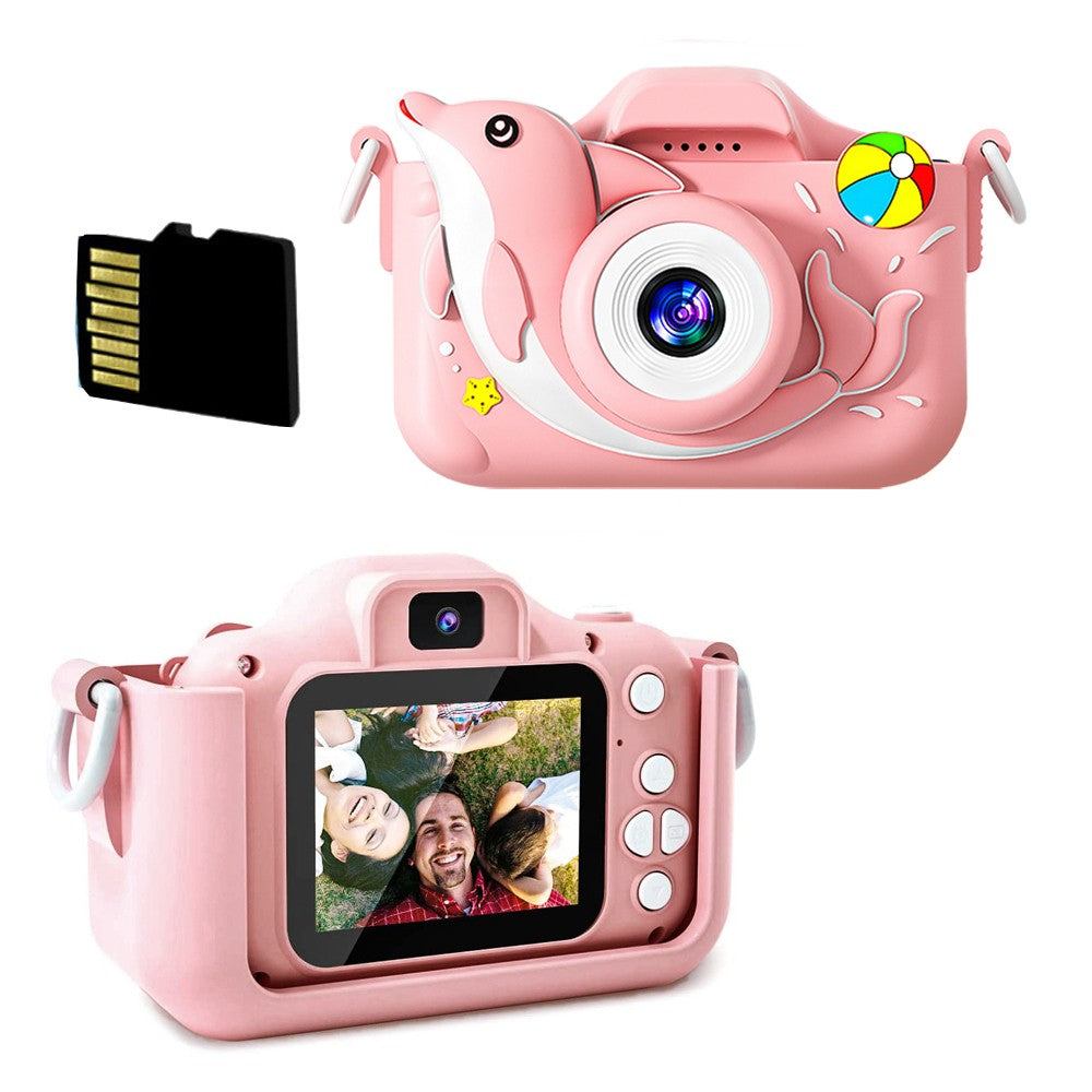 1080P HD Cartoon Kids Digital Camera with 64G Memory Card - Pink Dolphin
