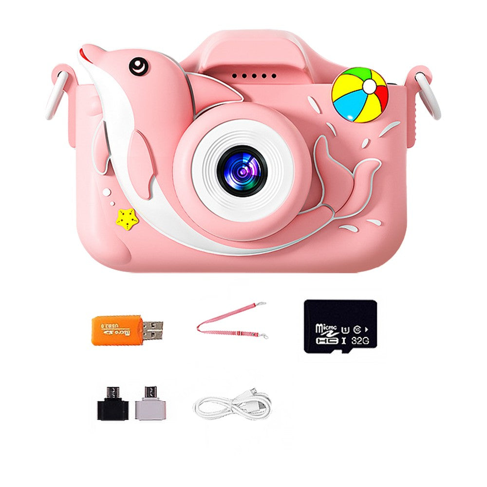 1080P HD Cartoon Kids Digital Camera with 64G Memory Card - Pink Dolphin