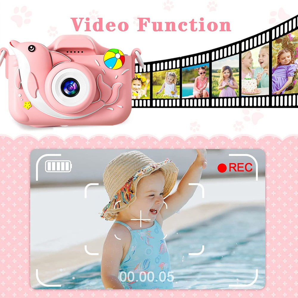 1080P HD Cartoon Kids Digital Camera with 64G Memory Card - Pink Dolphin