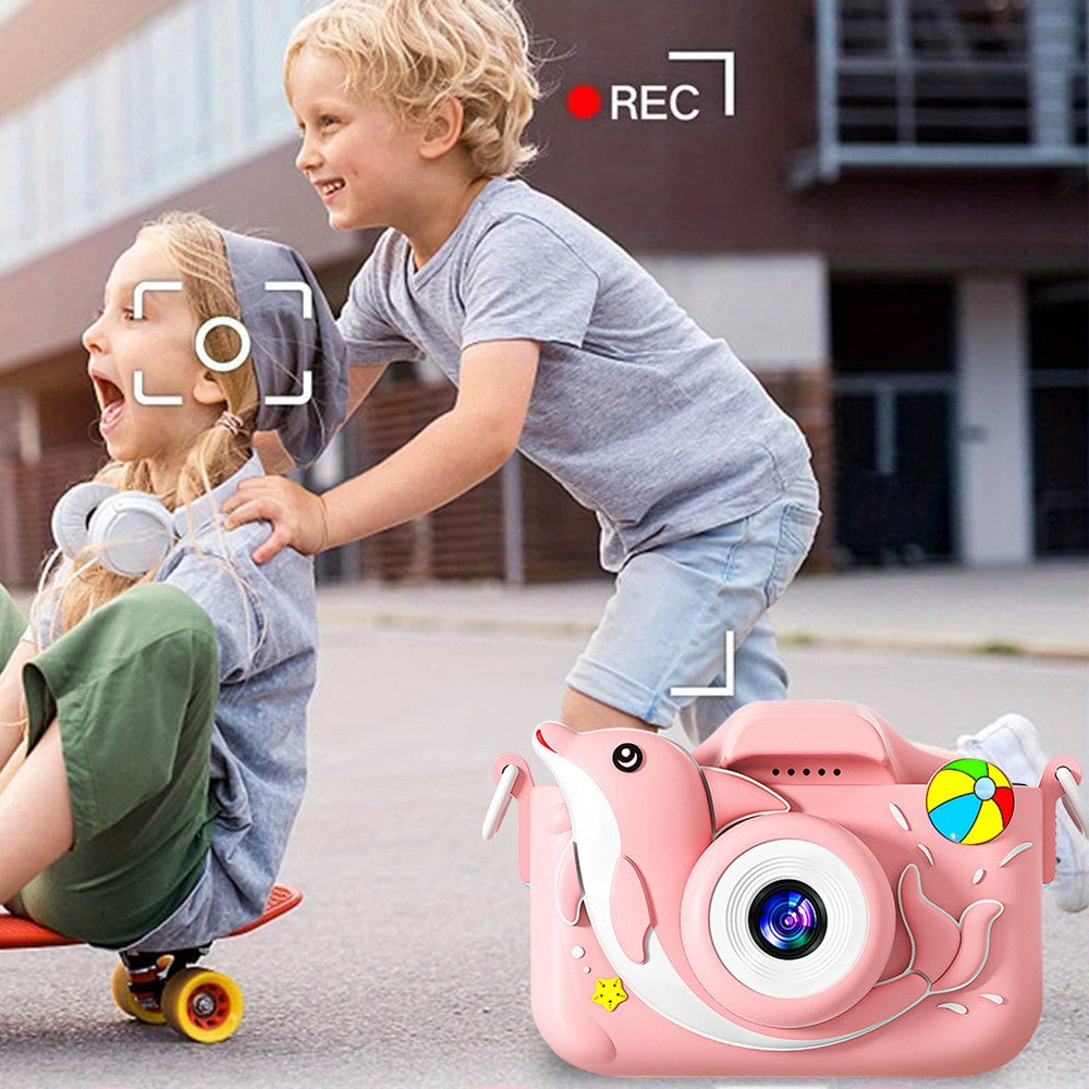 1080P HD Cartoon Kids Digital Camera with 64G Memory Card - Pink Dolphin