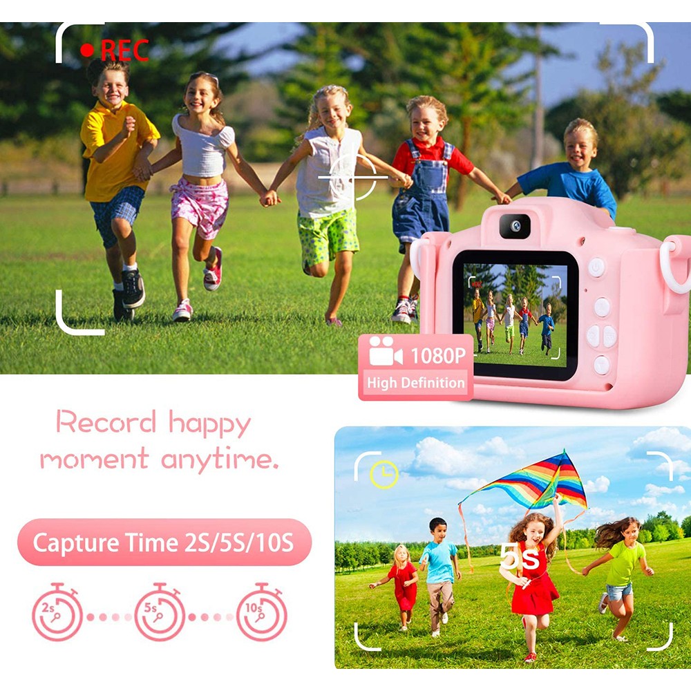 1080P HD Cartoon Kids Digital Camera with 64G Memory Card - Pink Dolphin