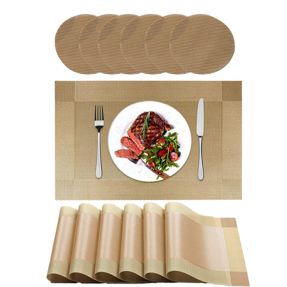 6Pcs Placemats and 6Pcs Coasters Set Non-Slip Washable Dining Table Mats Gold