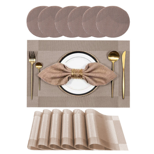 6Pcs Placemats and 6Pcs Coasters Set Non-Slip Washable Dining Table Mats Khaki