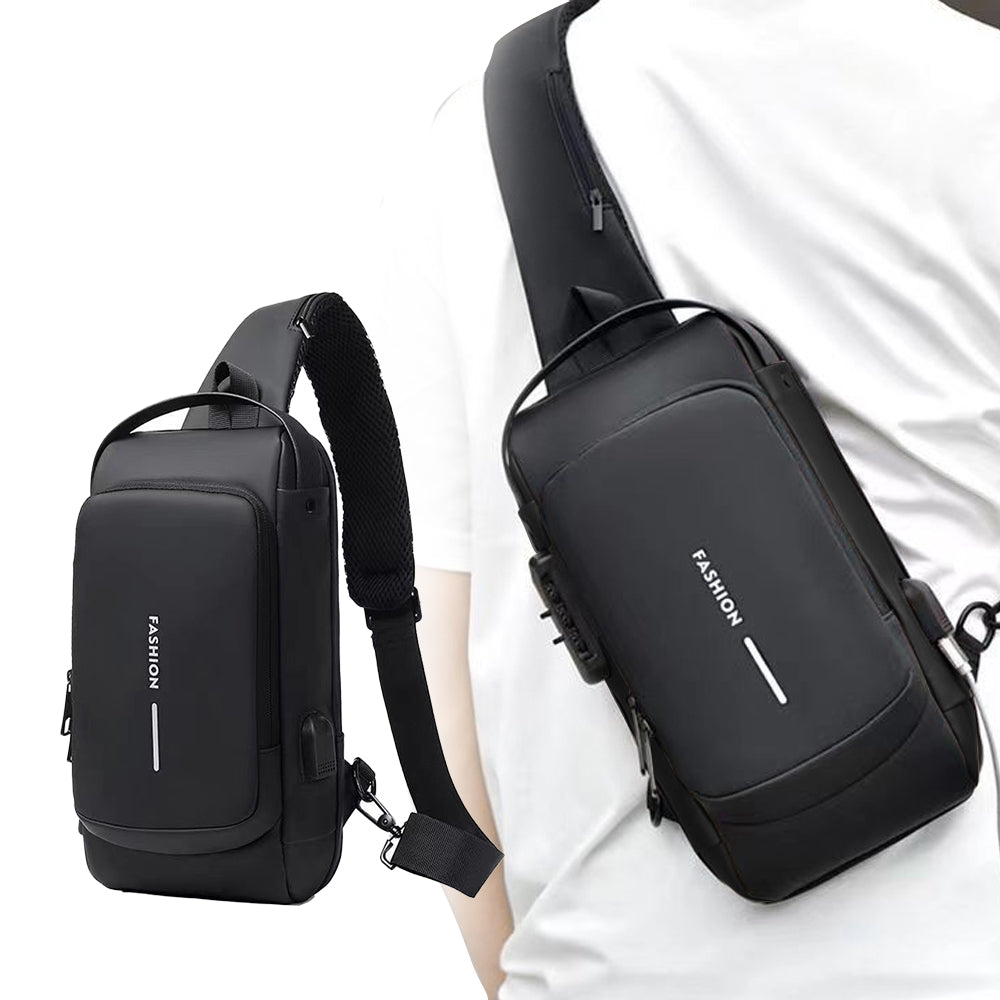 Mens Water-Resistant Anti-Theft Lock Sling Chest Bag with USB Charge Port Crossbody Black