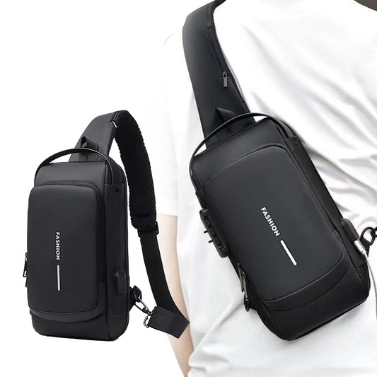 Mens Water-Resistant Anti-Theft Lock Sling Chest Bag with USB Charge Port Crossbody Black