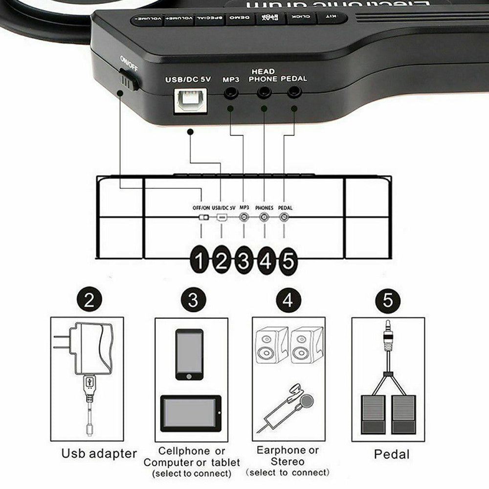 7 Pads Electric Drum Set USB Roll Up Drum Electric Drum Set Drum Kit Black