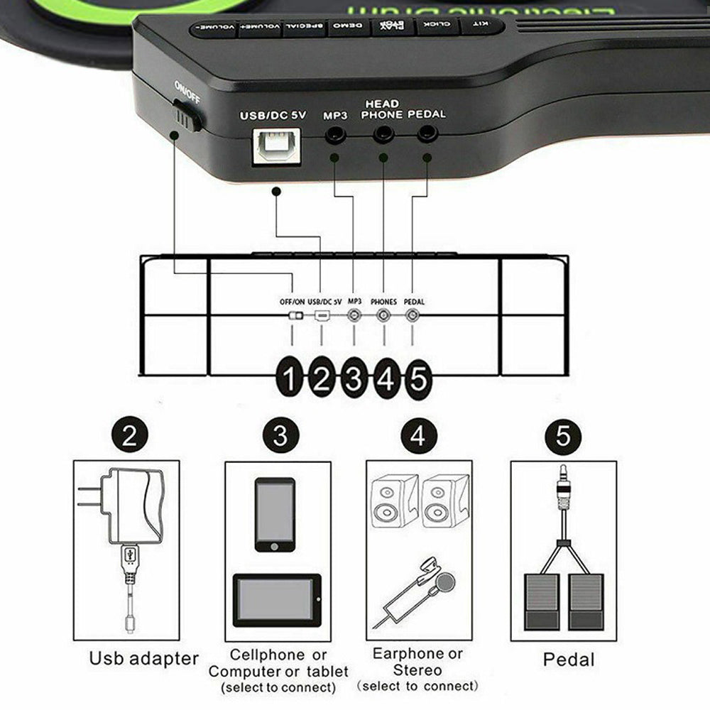 7 Pads Electric Drum Set USB Roll Up Drum Electric Drum Set Drum Kit Green