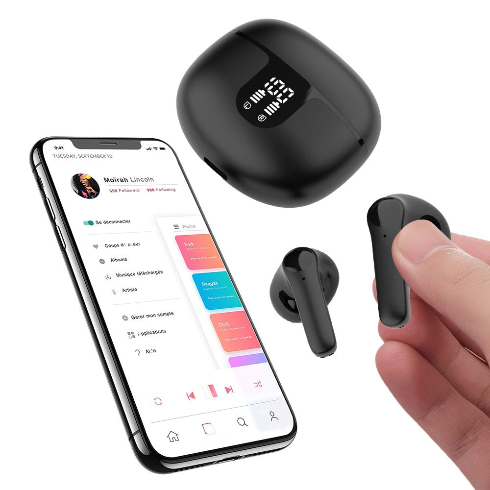 Wireless Bluetooth 5.3 Headphones In-Ear Earphones with LED Display - Black