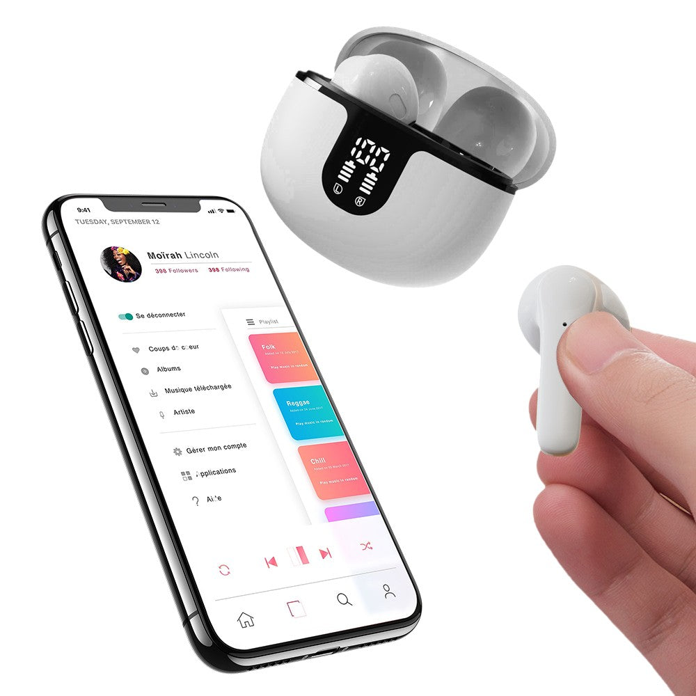 Wireless Bluetooth 5.3 Headphones In-Ear Earphones with LED Display - White