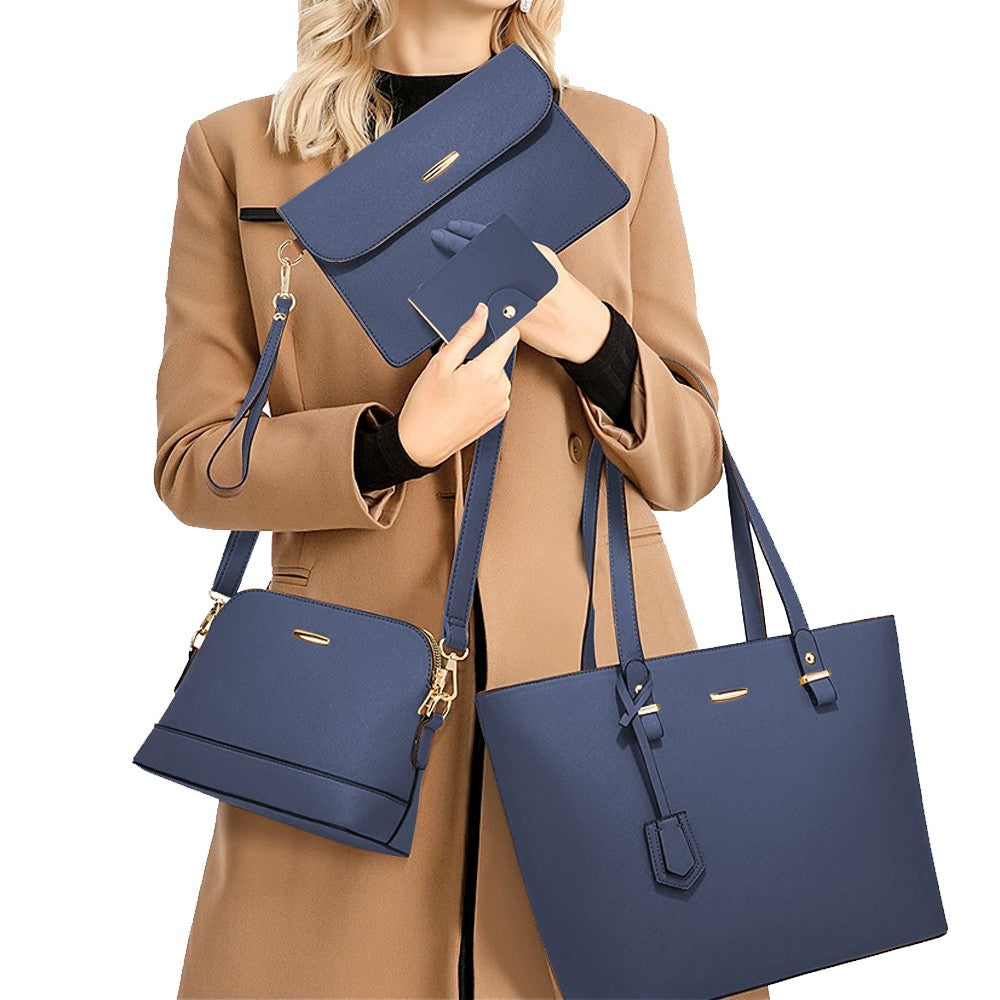 4-Piece Womens Purses and Handbags Set Tote Bag Shoulder Bag Card Holder - Blue