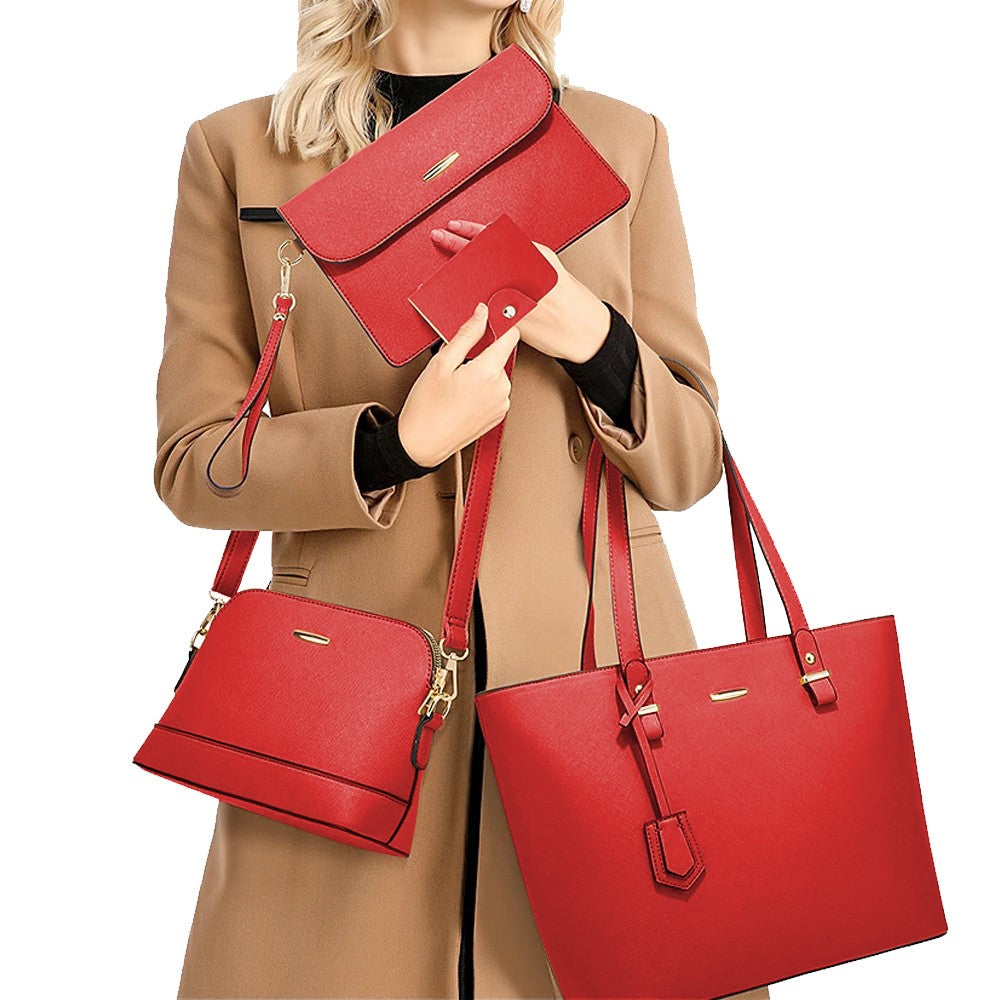 4Pcs Women Purses and Handbags Set Tote Bag Shoulder Bag Satchel Handbag Card Holder Wallet Red
