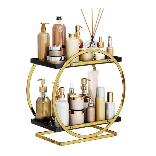 2-Tier Metal Makeup Organizer Vanity Bathroom Countertop Storage Rack - Gold