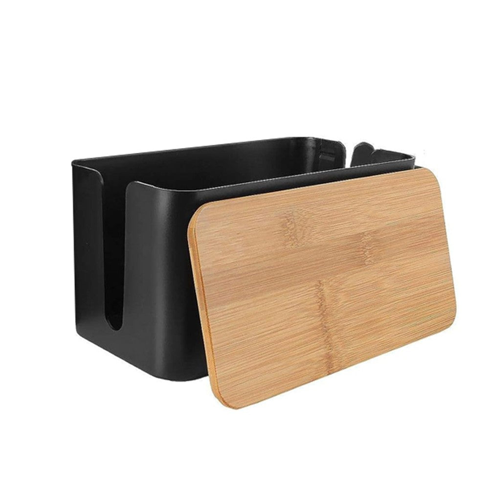 Cable Management Box Wire Socket Storage Organizer with Bamboo Lid - Black M
