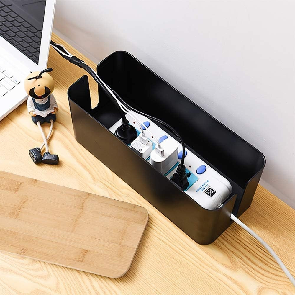 Cable Management Box Wire Socket Storage Organizer with Bamboo Lid - Black L