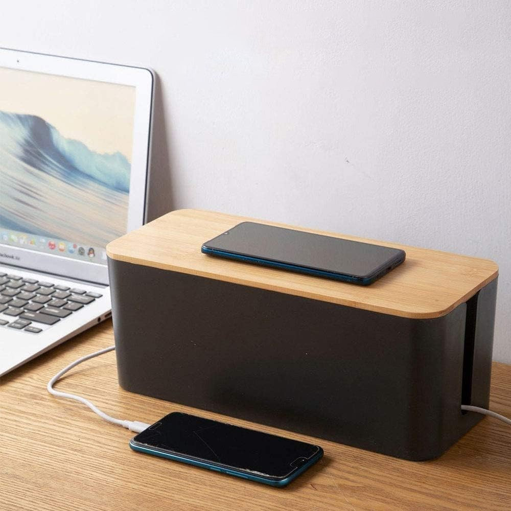 Cable Management Box Wire Socket Storage Organizer with Bamboo Lid - Black M