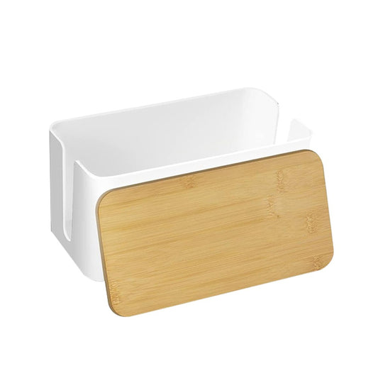 Cable Management Box Wire Socket Storage Organizer with Bamboo Lid - White L
