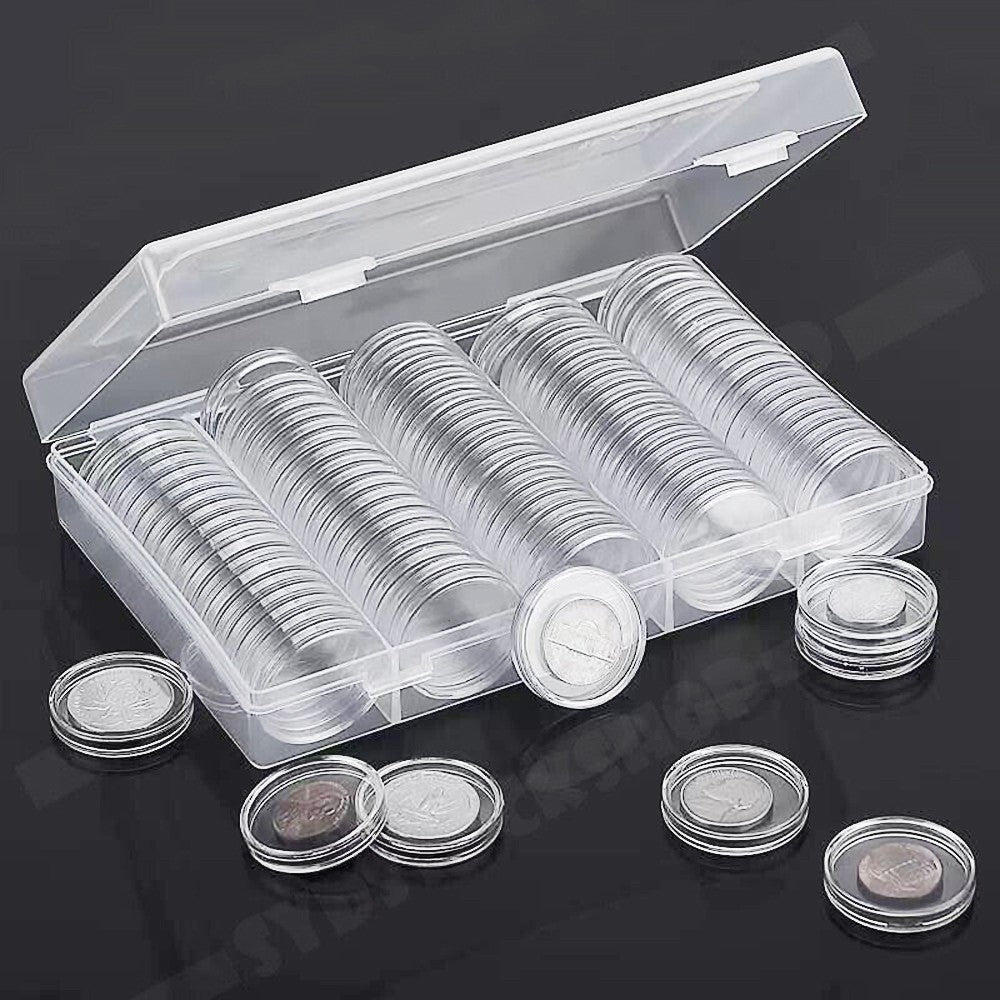 100Pcs Clear Plastic Coin Capsules with Coin Protection Box for Coin Collection