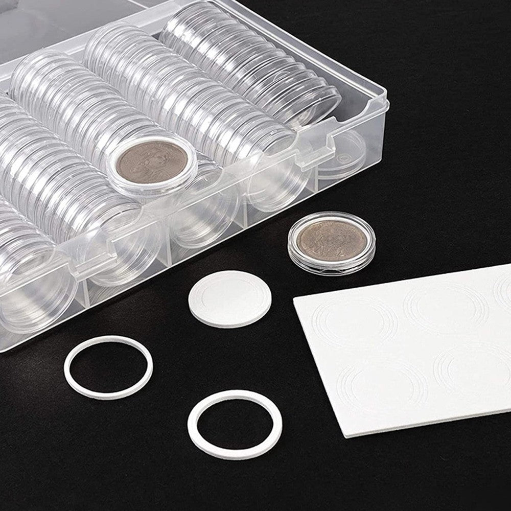 100Pcs Clear Plastic Coin Capsules with Coin Protection Box for Coin Collection