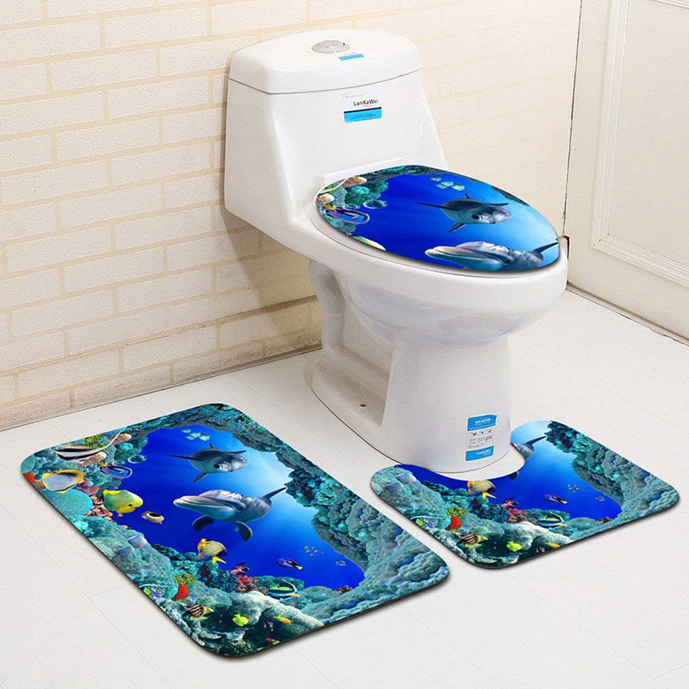 3-Piece Bathroom Mat Set Non-Slip Toilet Lid Cover Pedestal Mat - Ocean Style