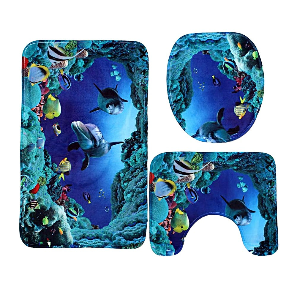 3-Piece Bathroom Mat Set Non-Slip Toilet Lid Cover Pedestal Mat - Ocean Style