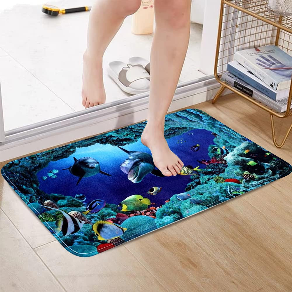 3-Piece Bathroom Mat Set Non-Slip Toilet Lid Cover Pedestal Mat - Ocean Style