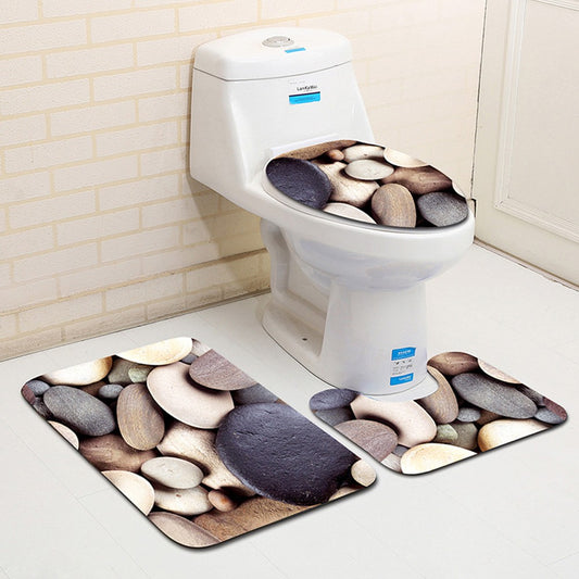 3-Piece Bathroom Mat Set Non-Slip Toilet Lid Cover Pedestal Mat - Stones Style