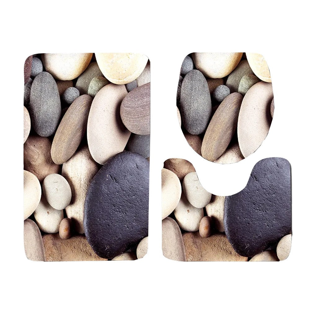 3-Piece Bathroom Mat Set Non-Slip Toilet Lid Cover Pedestal Mat - Stones Style