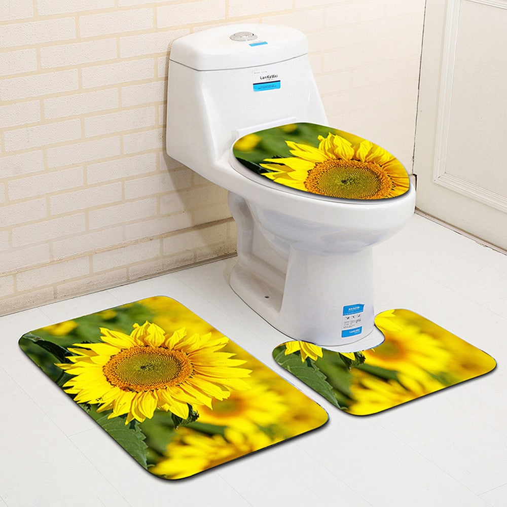 3-Piece Bathroom Mat Set Non-Slip Toilet Lid Cover Pedestal Mat -Sunflower Style