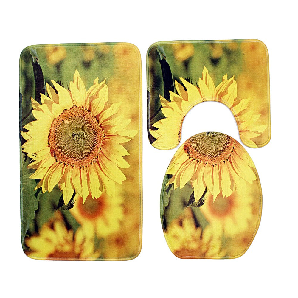 3-Piece Bathroom Mat Set Non-Slip Toilet Lid Cover Pedestal Mat -Sunflower Style