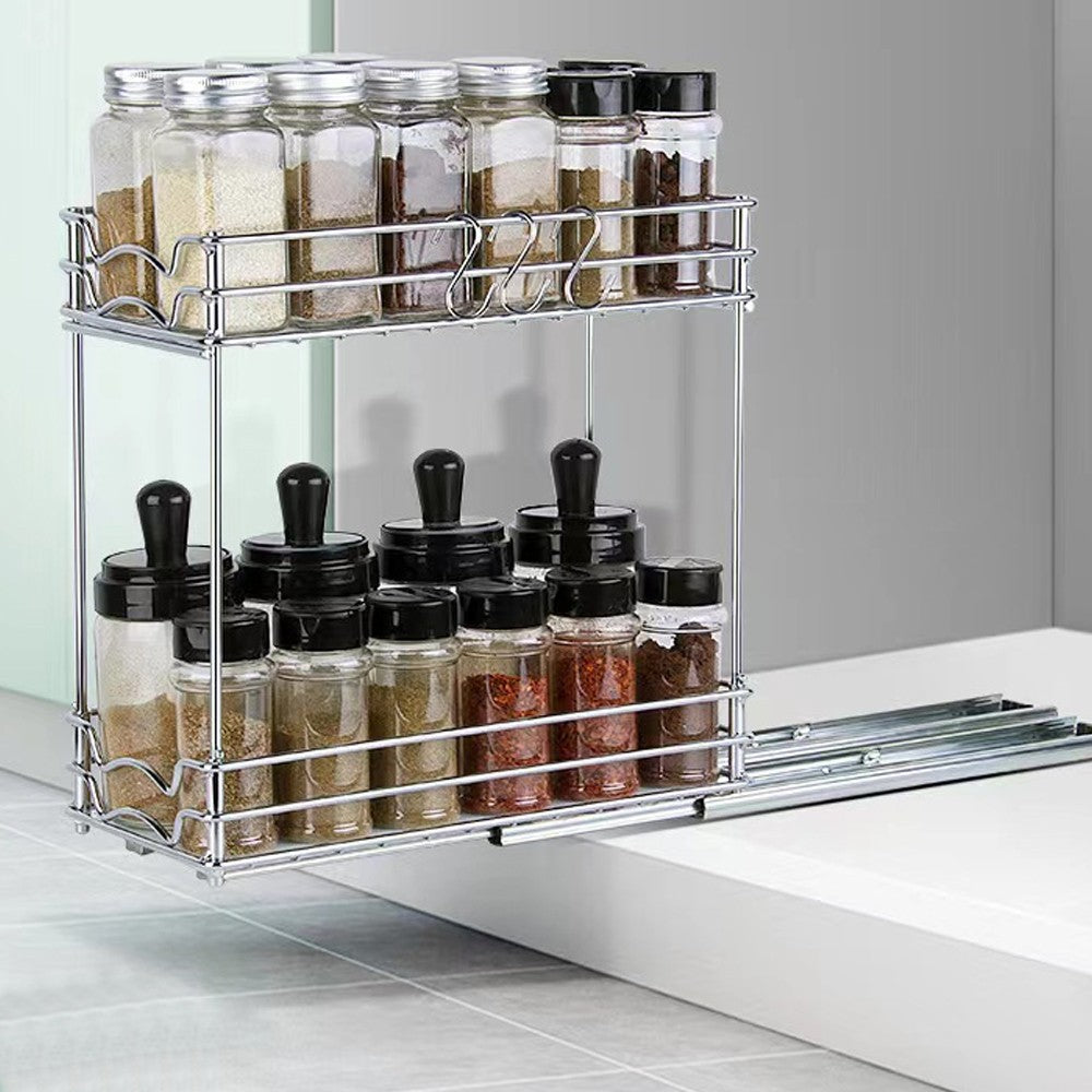 2 Tiers Pull Out Spice Rack Organizer Slide Out Drawer Cabinet Organizer Kitchen Storage Rack