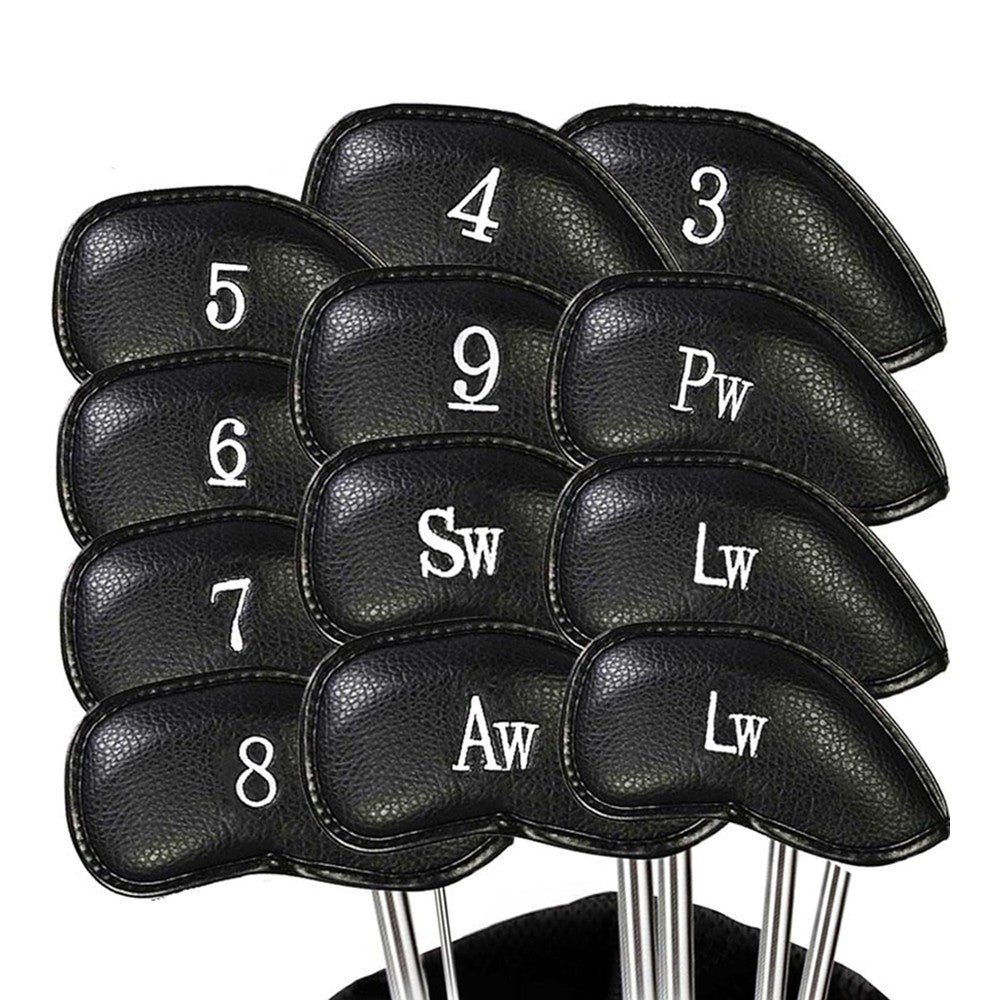 12-Piece Golf Iron Club Head Cover Set PU Leather Putter Head Cover - Black