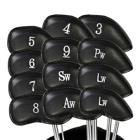 12-Piece Golf Iron Club Head Cover Set PU Leather Putter Head Cover - Black