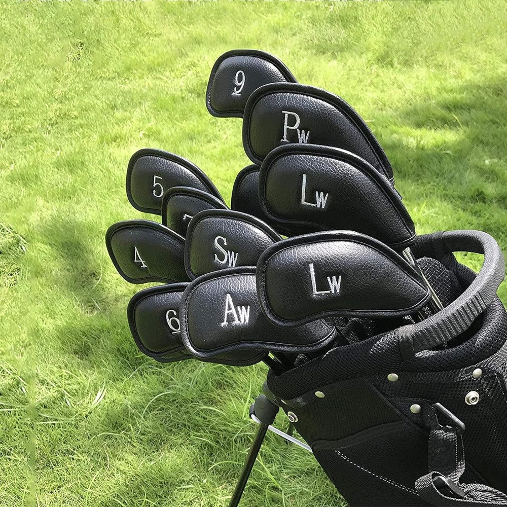 12-Piece Golf Iron Club Head Cover Set PU Leather Putter Head Cover - Black