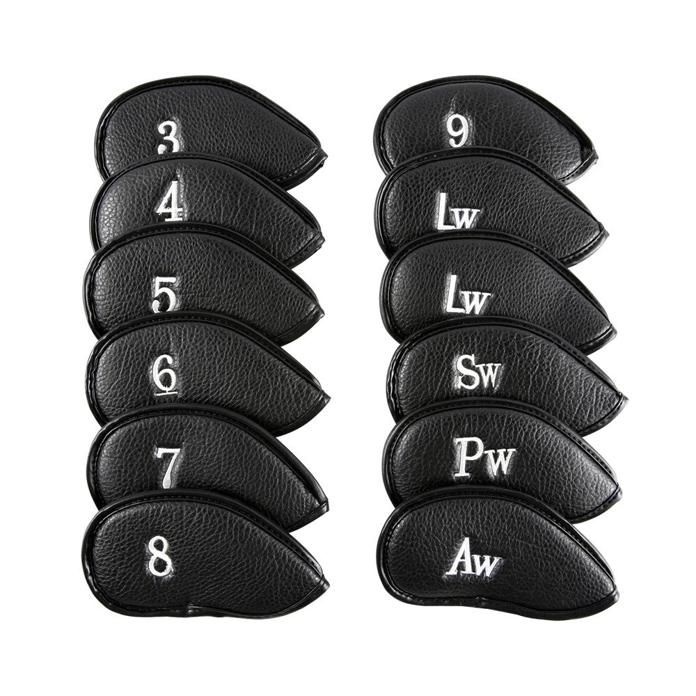 12-Piece Golf Iron Club Head Cover Set PU Leather Putter Head Cover - Black