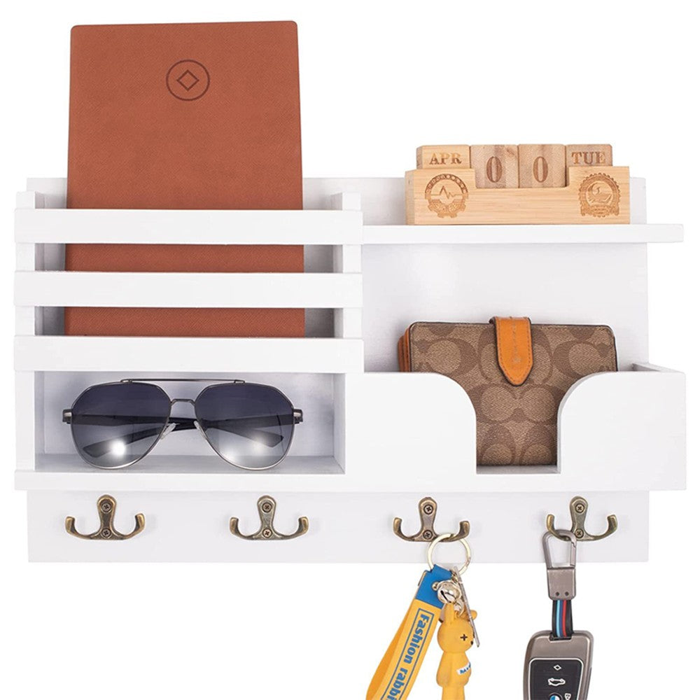 Wall Mounted Key and Mail Holder Entryway Wall Hanging Storage Rack - White