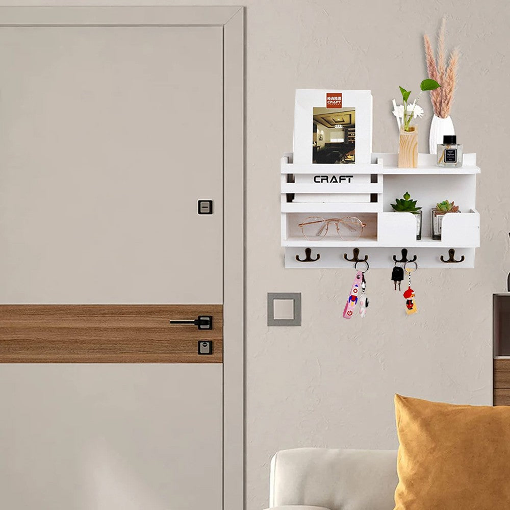 Wall Mounted Key and Mail Holder Entryway Wall Hanging Storage Rack - White