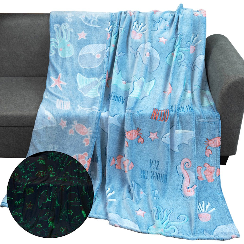 150x100cm Glow in The Dark Throw Blanket Marine Life Print Luminous Soft Blanket