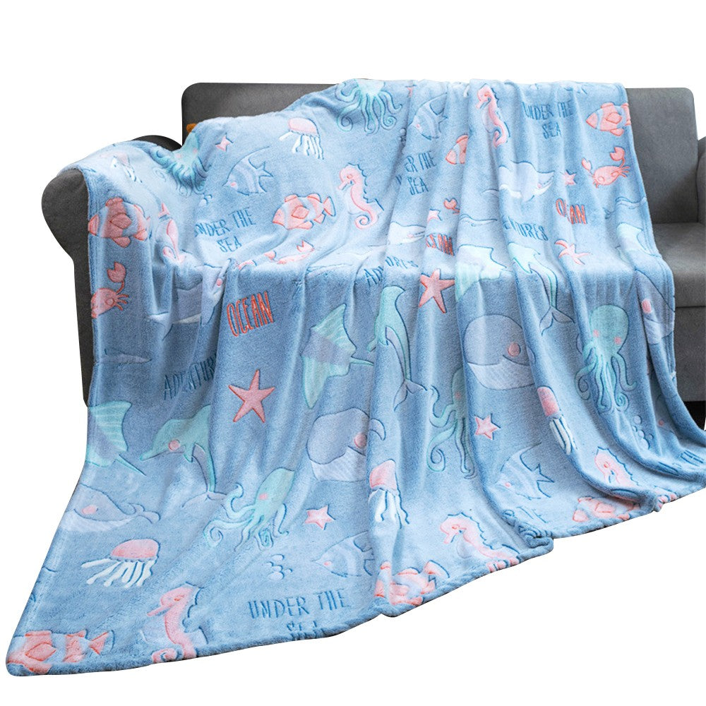 100x75cm Glow in The Dark Throw Blanket Marine Life Print Luminous Soft Blanket