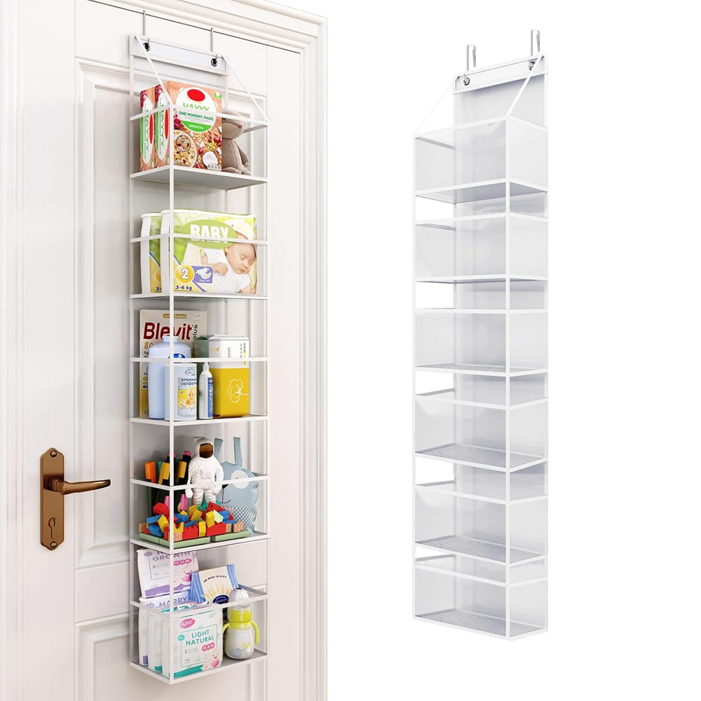 6-Shelf Over The Door Hanging Pantry Organizer with Clear Plastic Pockets-White