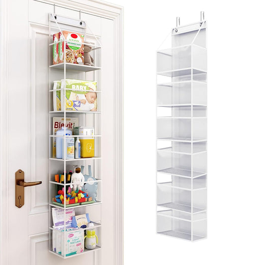 6-Shelf Over The Door Hanging Pantry Organizer with Clear Plastic Pockets-White