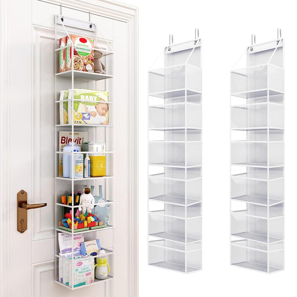 2Pcs 6-Shelf Over The Door Hanging Organizer with Clear Plastic Pockets - White