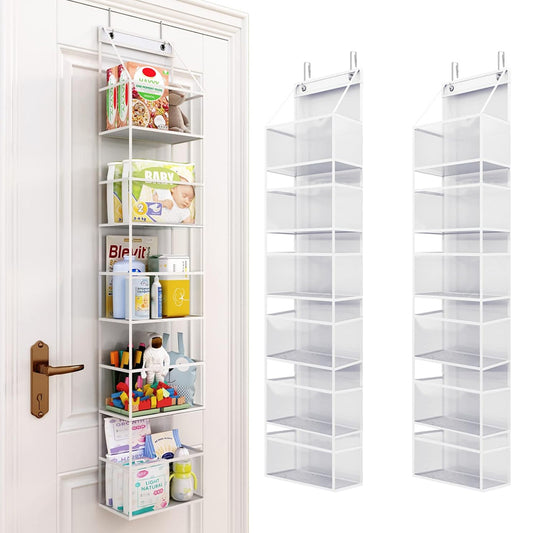 2Pcs 6-Shelf Over The Door Hanging Organizer with Clear Plastic Pockets - White
