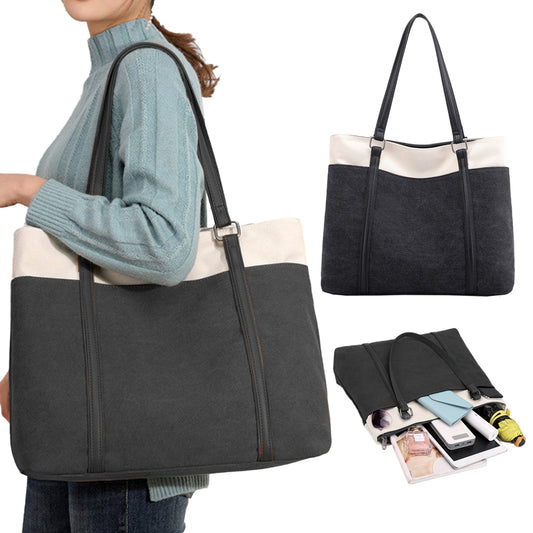 Women Laptop Tote Bag Canvas Handbag 15.6 Inch Work Shoulder Bag - Black